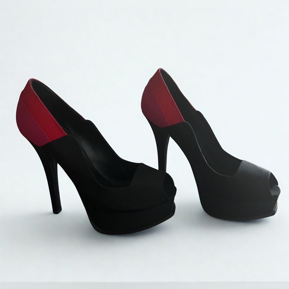 Fendi Designer Peep Toe Logo Platform Pumps Heels Black Size 7.5/38